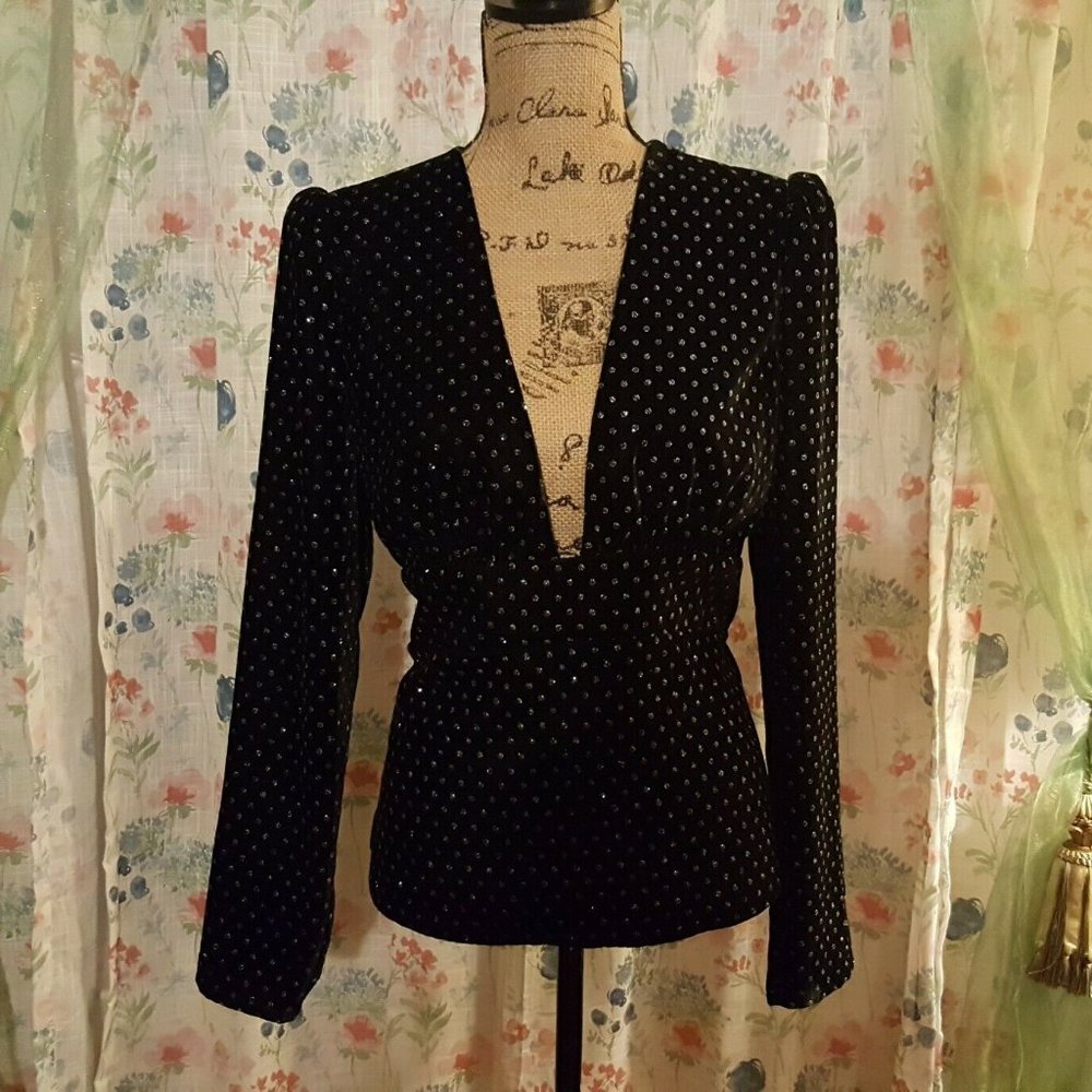 Express Velour Velvet Black Top Silver Glitter